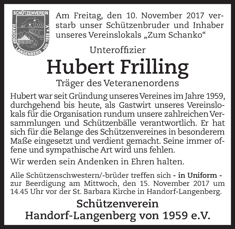  Traueranzeige für Hubert Frilling vom 13.11.2017 aus OM-Medien
