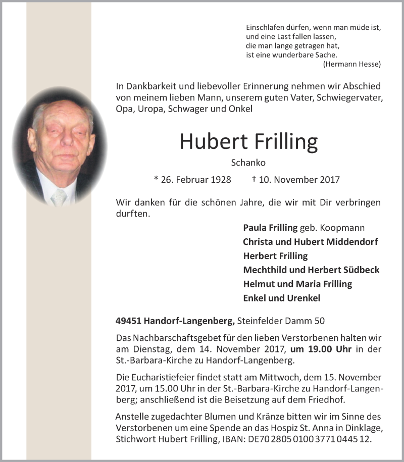  Traueranzeige für Hubert Frilling vom 11.10.2017 aus OM-Medien