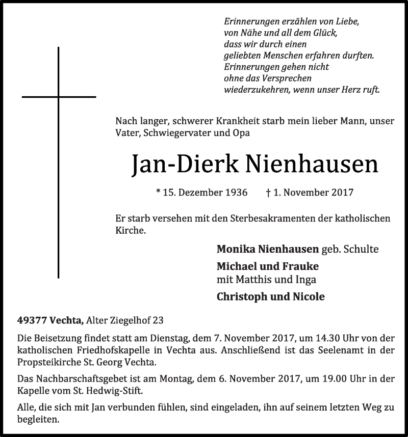  Traueranzeige für Jan-Dierk Nienhausen vom 03.11.2017 aus OM-Medien