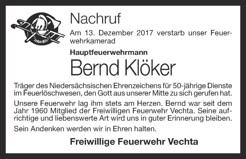  Traueranzeige für Bernd Klöker vom 16.12.2017 aus OM-Medien