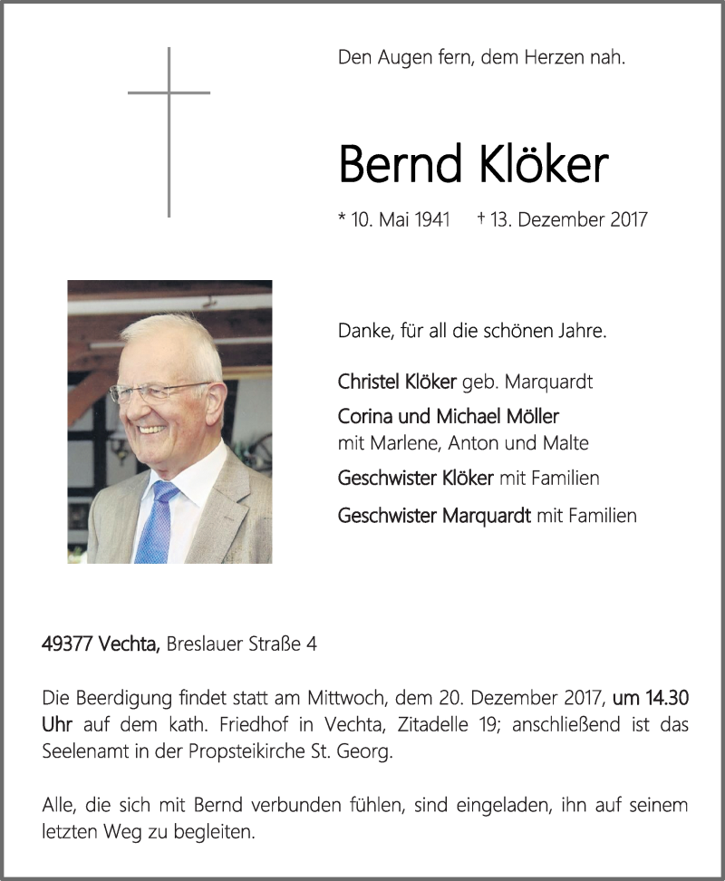  Traueranzeige für Bernd Klöker vom 15.12.2017 aus OM-Medien