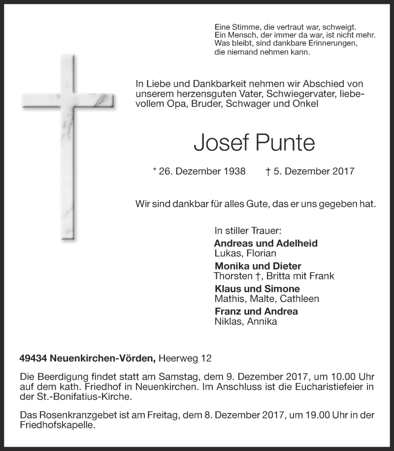  Traueranzeige für Josef Punte vom 07.12.2017 aus OM-Medien