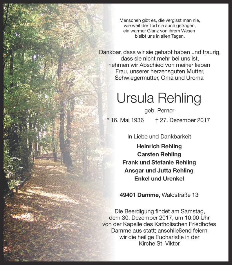  Traueranzeige für Ursula Rehling vom 28.12.2017 aus OM-Medien