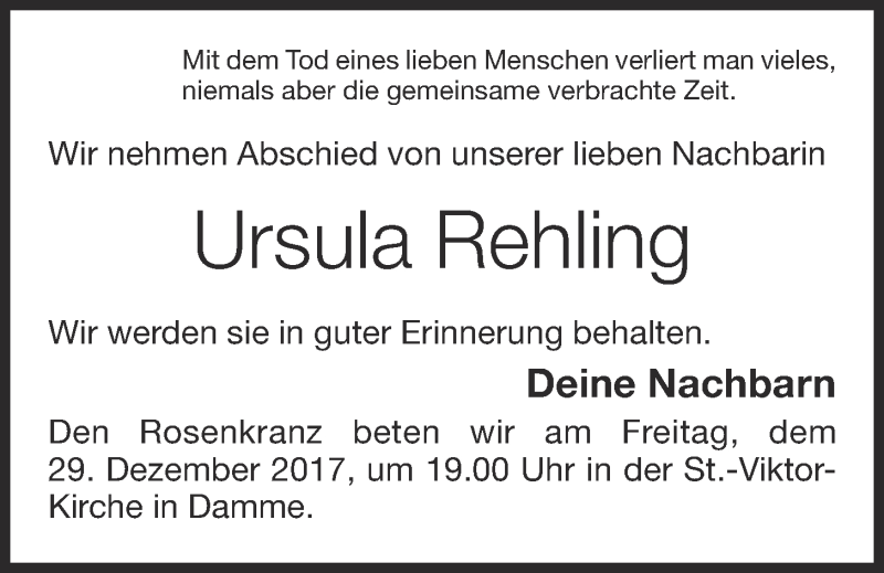  Traueranzeige für Ursula Rehling vom 29.12.2017 aus OM-Medien