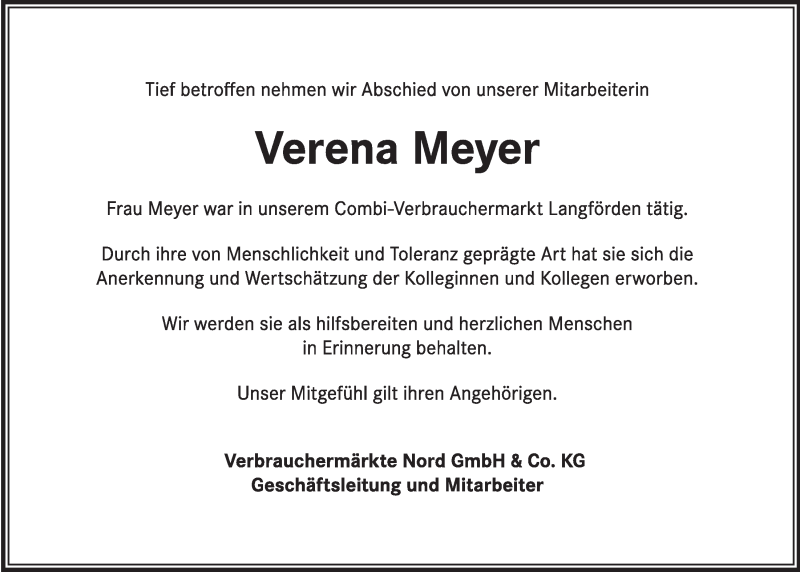  Traueranzeige für Verena Meyer vom 21.12.2017 aus OM-Medien