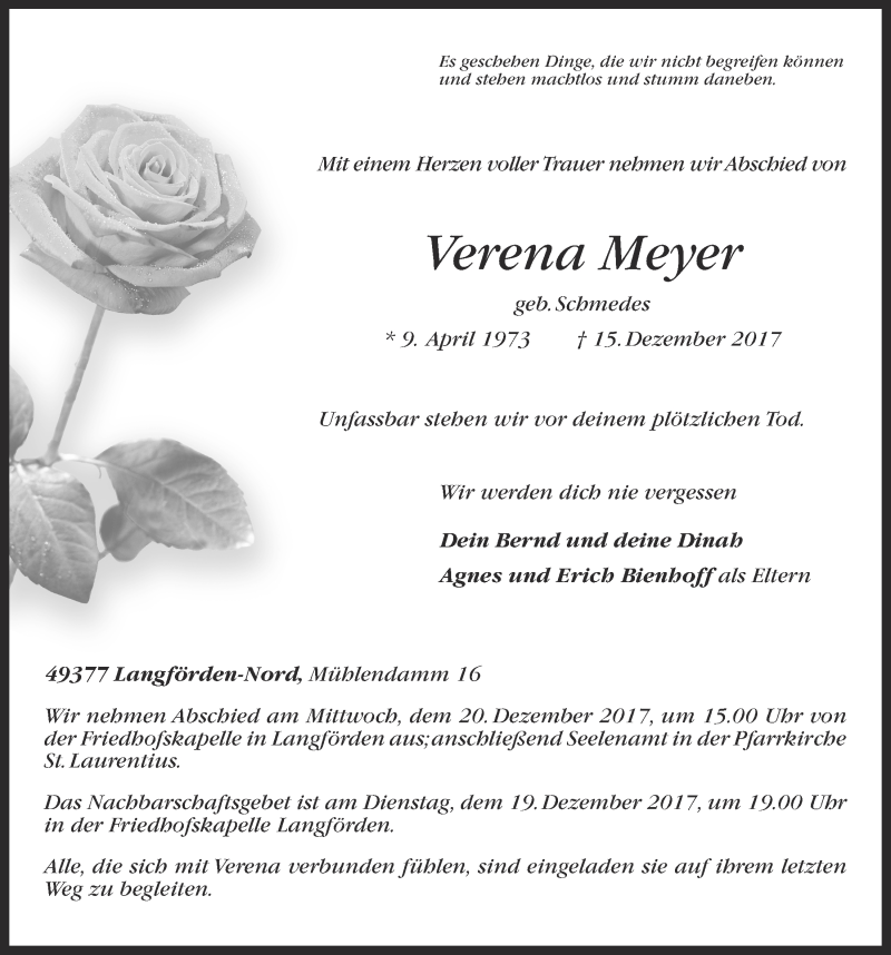  Traueranzeige für Verena Meyer vom 18.12.2017 aus OM-Medien