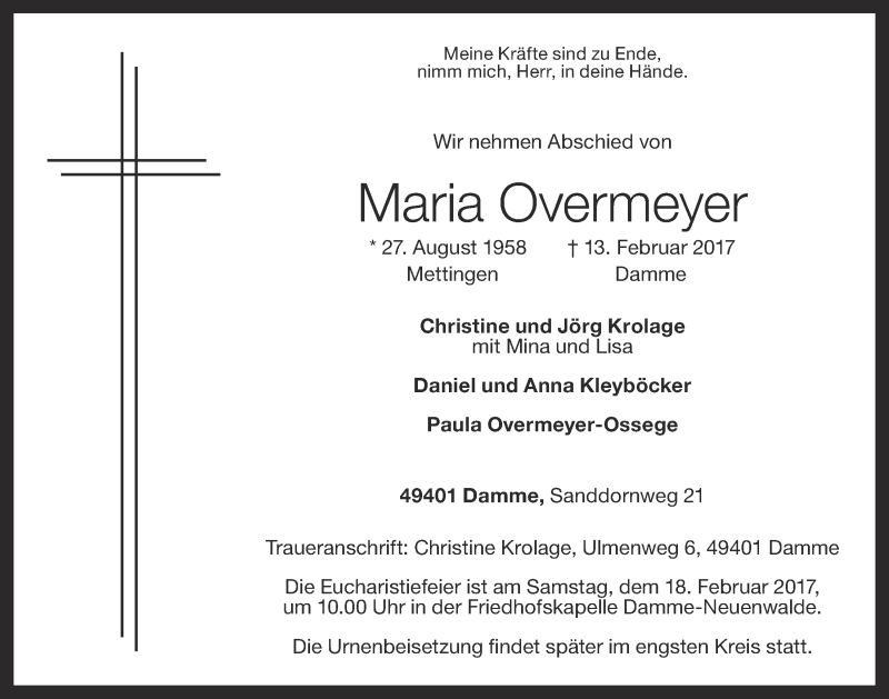  Traueranzeige für Maria Overmeyer vom 15.02.2017 aus OM-Medien