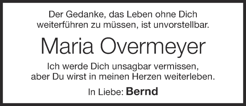  Traueranzeige für Maria Overmeyer vom 16.02.2017 aus OM-Medien