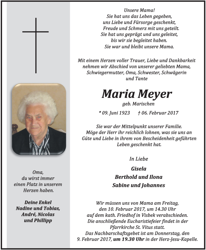  Traueranzeige für Maria Meyer vom 07.02.2017 aus OM-Medien