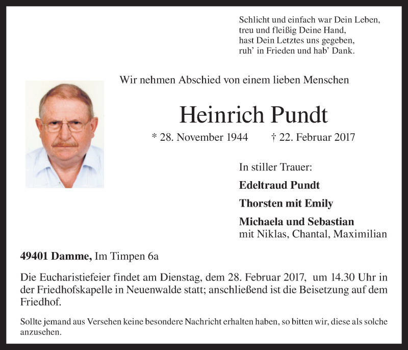  Traueranzeige für Heinrich Pundt vom 24.02.2017 aus OM-Medien