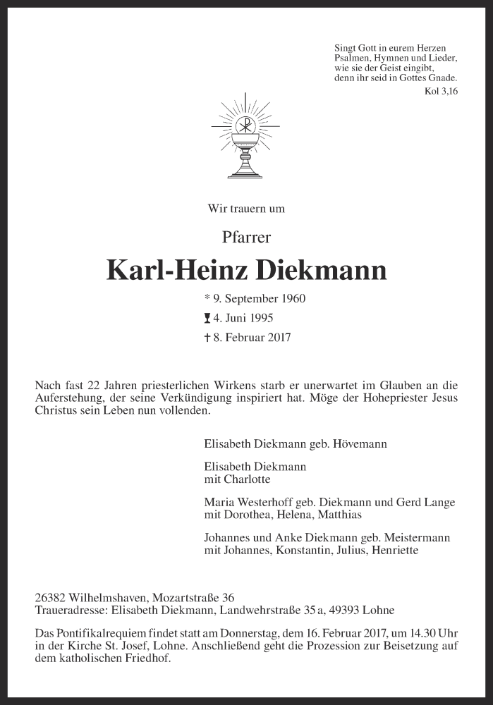  Traueranzeige für Karl-Heinz Diekmann vom 13.02.2017 aus OM-Medien