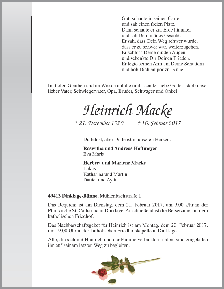  Traueranzeige für Heinrich Macke vom 18.02.2017 aus OM-Medien