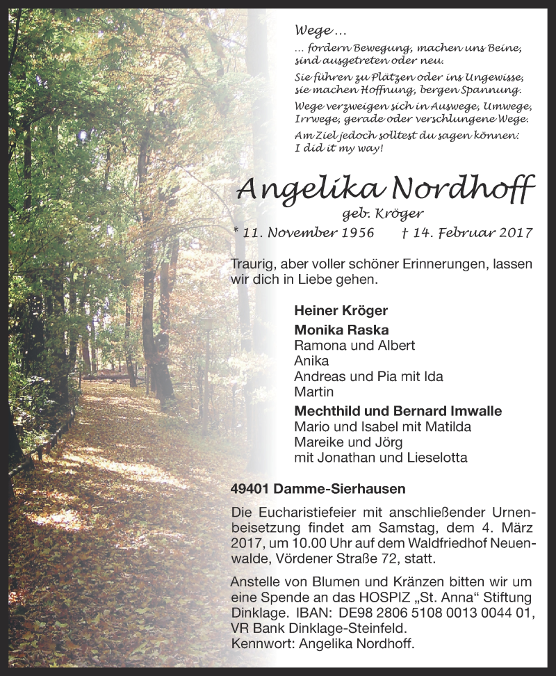  Traueranzeige für Angelika Nordhoff vom 25.02.2017 aus OM-Medien