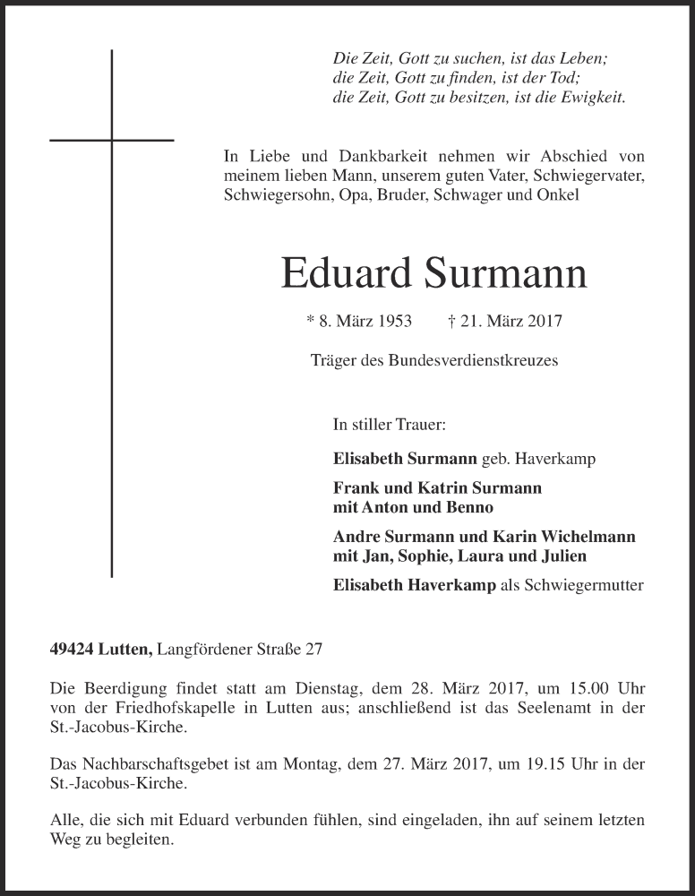  Traueranzeige für Eduard Surmann vom 23.03.2017 aus OM-Medien