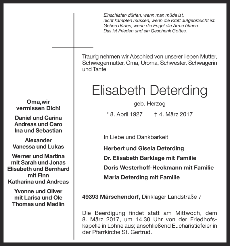  Traueranzeige für Elisabeth Deterding vom 06.03.2017 aus OM-Medien