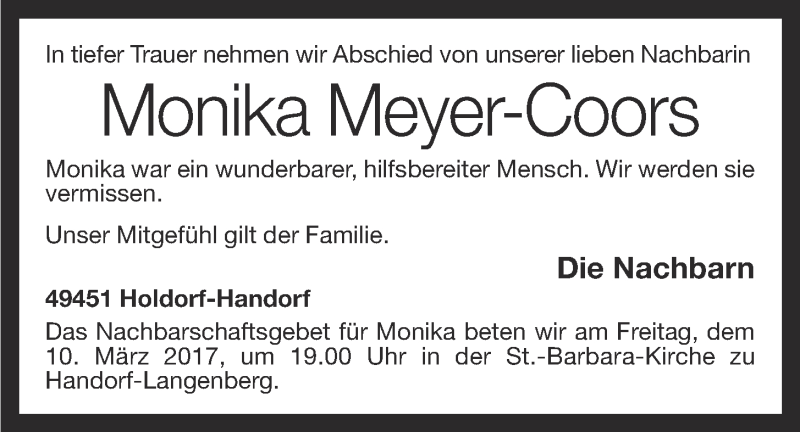  Traueranzeige für Monika Meyer-Coors vom 10.03.2017 aus OM-Medien