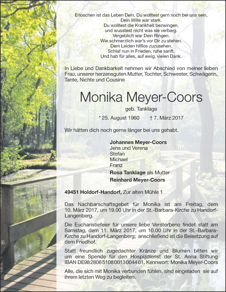  Traueranzeige für Monika Meyer-Coors vom 09.03.2017 aus OM-Medien