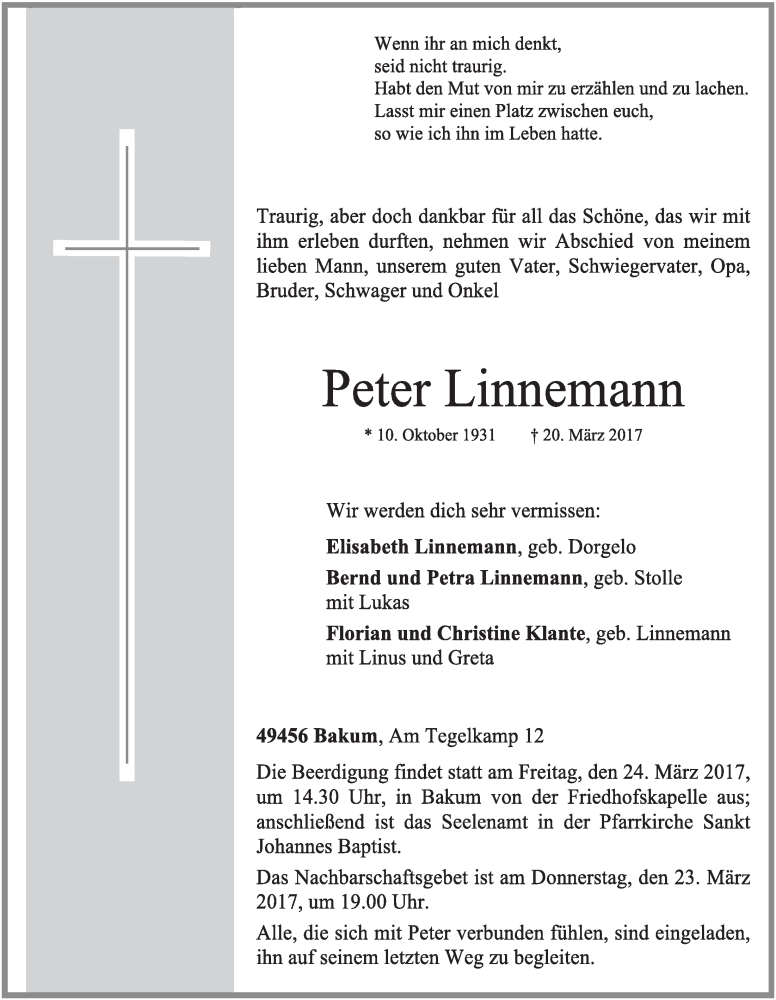  Traueranzeige für Peter Linnemann vom 21.03.2017 aus OM-Medien