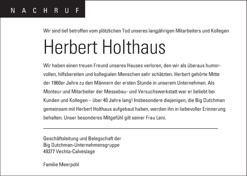  Traueranzeige für Herbert Holthaus vom 17.03.2017 aus OM-Medien