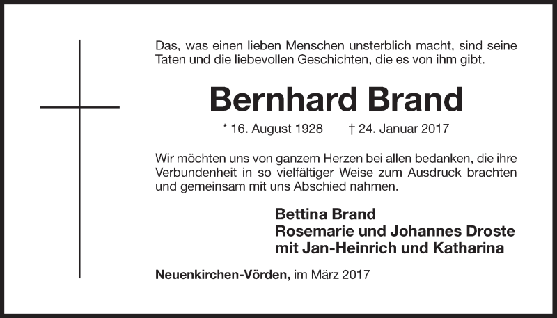  Traueranzeige für Bernhard Brand vom 11.03.2017 aus OM-Medien