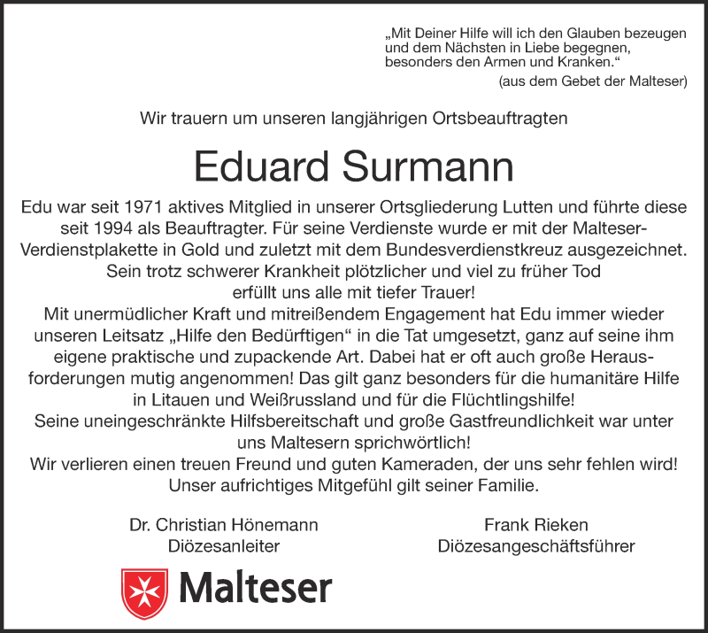  Traueranzeige für Eduard Surmann vom 24.03.2017 aus OM-Medien