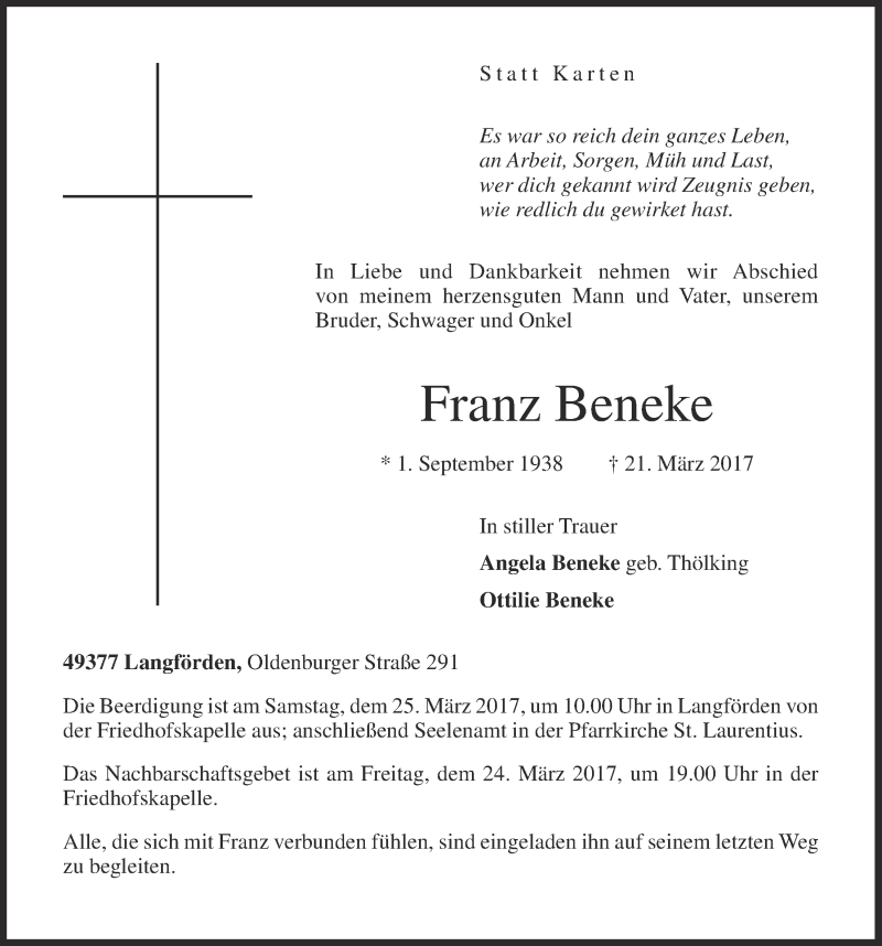  Traueranzeige für Franz Beneke vom 23.03.2017 aus OM-Medien