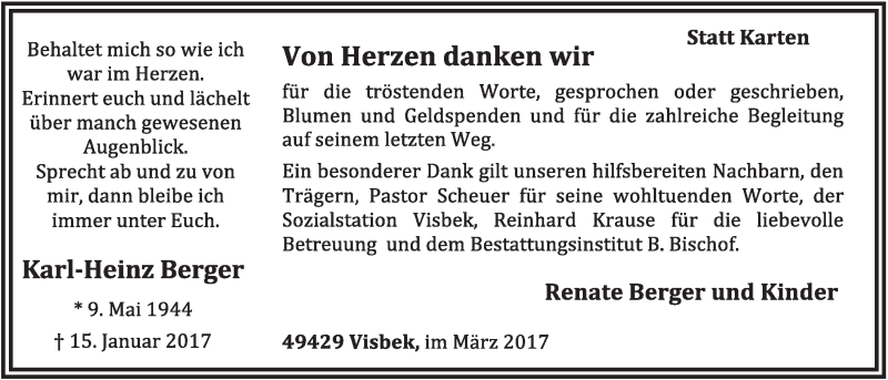  Traueranzeige für Karl-Heinz Berger vom 04.03.2017 aus OM-Medien