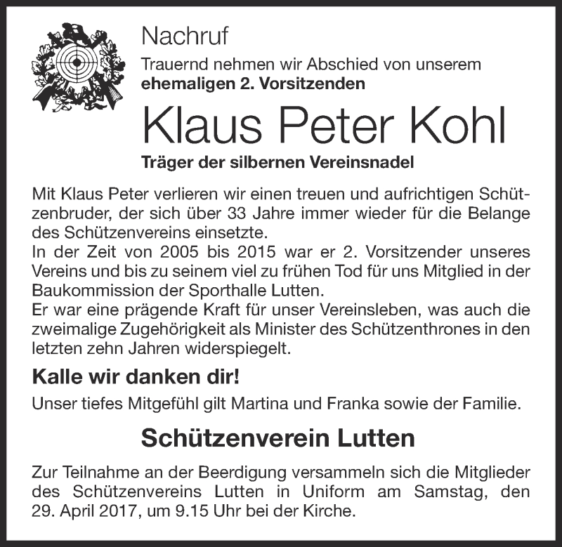  Traueranzeige für Klaus Peter Kohl vom 27.04.2017 aus OM-Medien