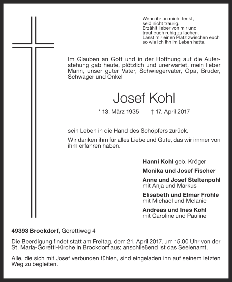  Traueranzeige für Josef Kohl vom 19.04.2017 aus OM-Medien