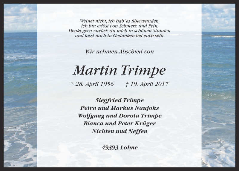  Traueranzeige für Martin Trimpe vom 21.04.2017 aus OM-Medien