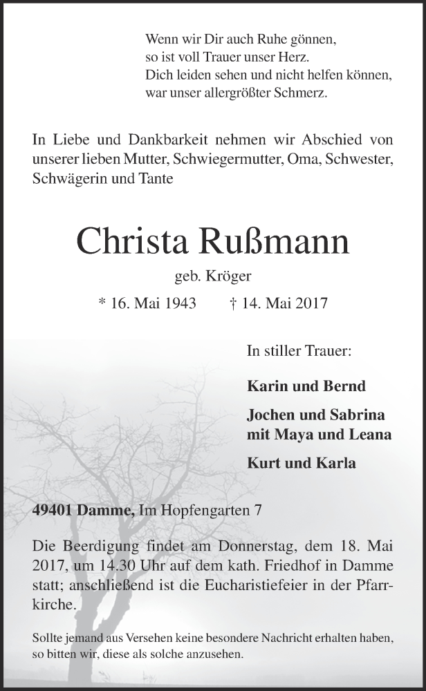  Traueranzeige für Christa Rußmann vom 16.05.2017 aus OM-Medien