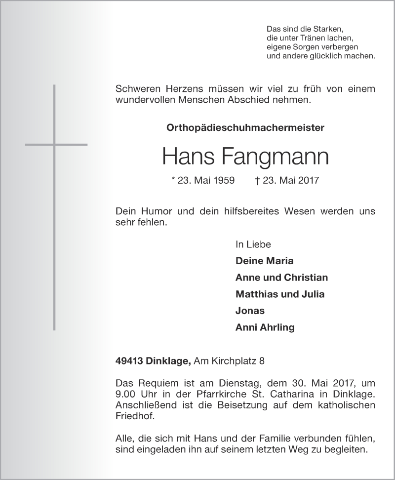  Traueranzeige für Hans Fangmann vom 26.05.2017 aus OM-Medien