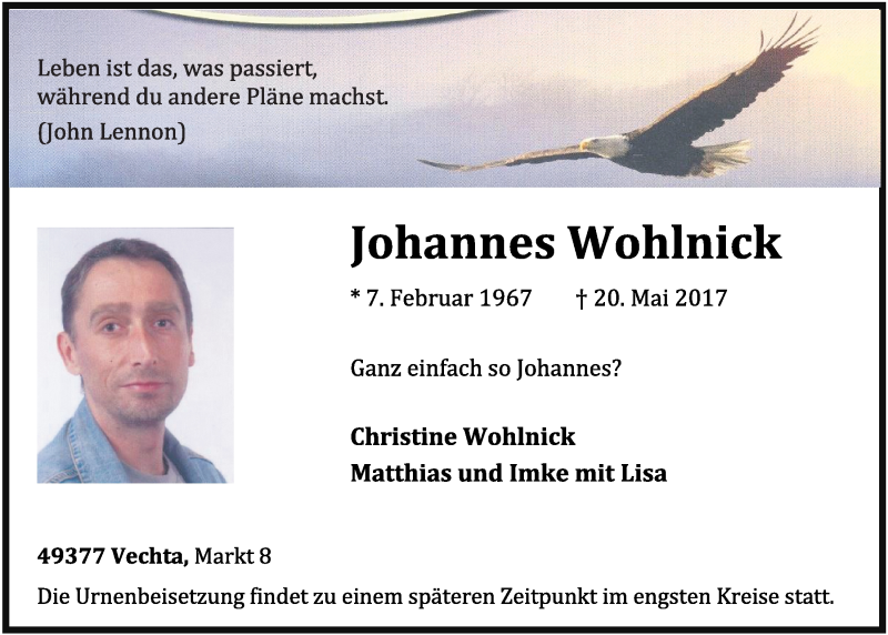  Traueranzeige für Johannes Wohlnick vom 24.05.2017 aus OM-Medien
