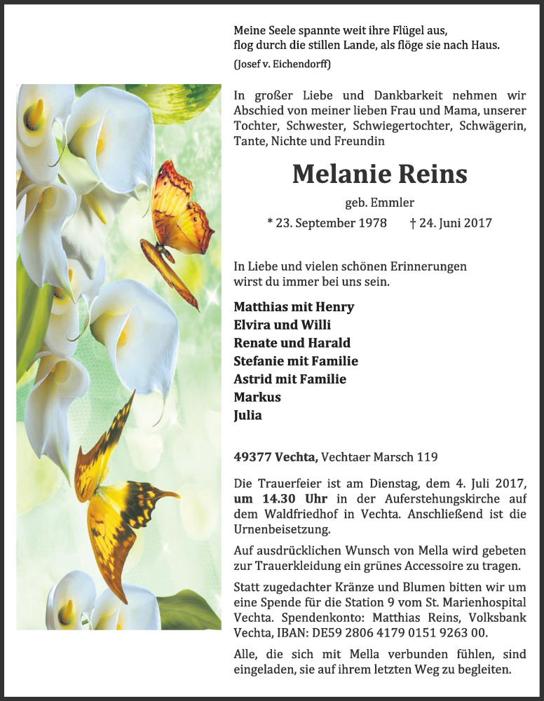  Traueranzeige für Melanie Reins vom 28.06.2017 aus OM-Medien