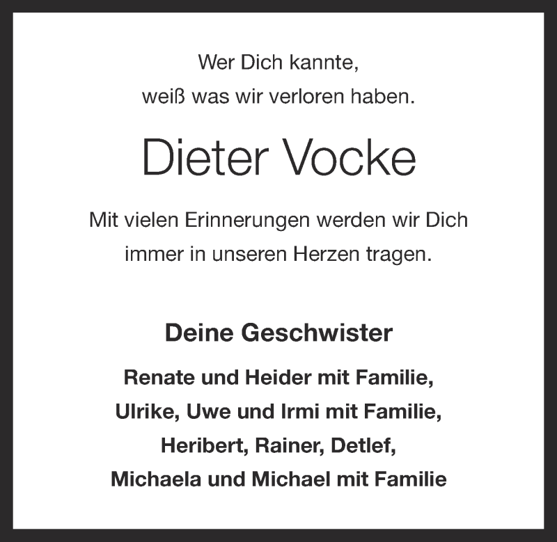  Traueranzeige für Dieter Vocke vom 26.06.2017 aus OM-Medien