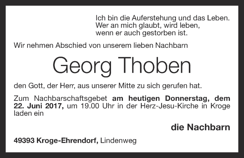  Traueranzeige für Georg Thoben vom 22.06.2017 aus OM-Medien