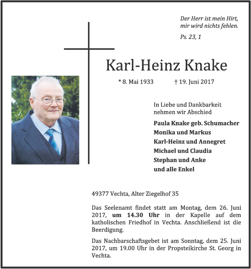  Traueranzeige für Karl-Heinz Knake vom 21.06.2017 aus OM-Medien