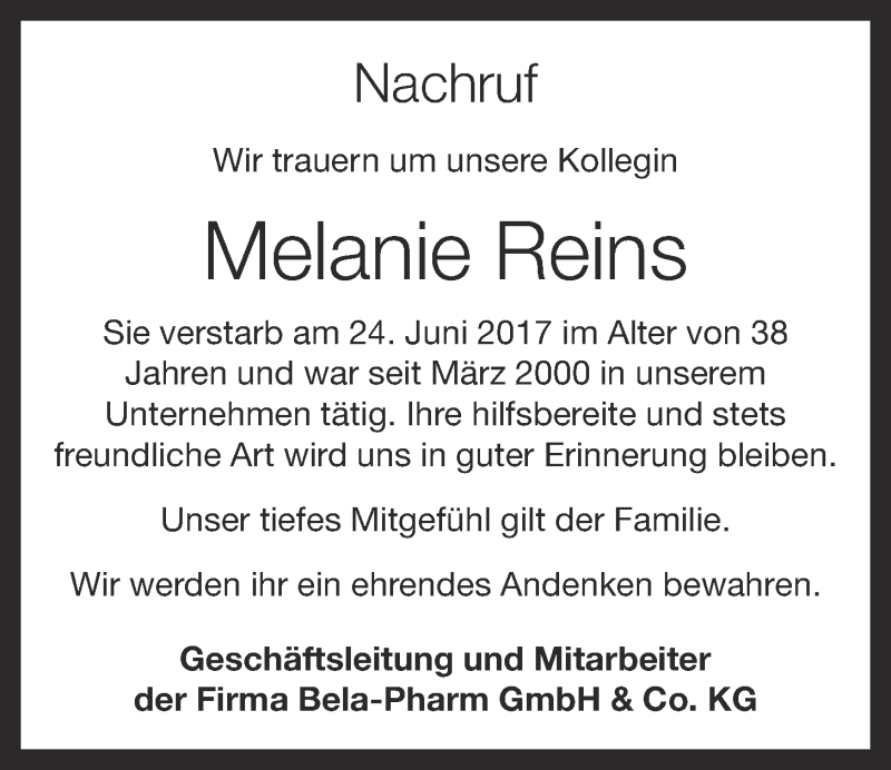  Traueranzeige für Melanie Reins vom 29.06.2017 aus OM-Medien