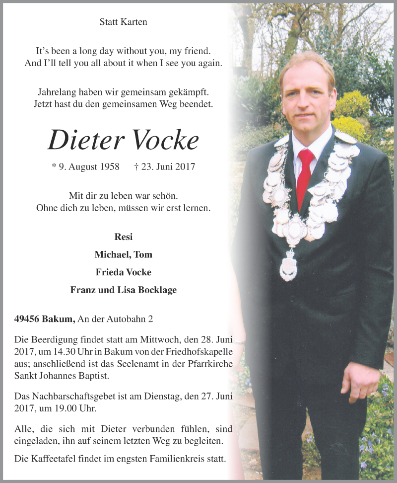  Traueranzeige für Dieter Vocke vom 24.06.2017 aus OM-Medien