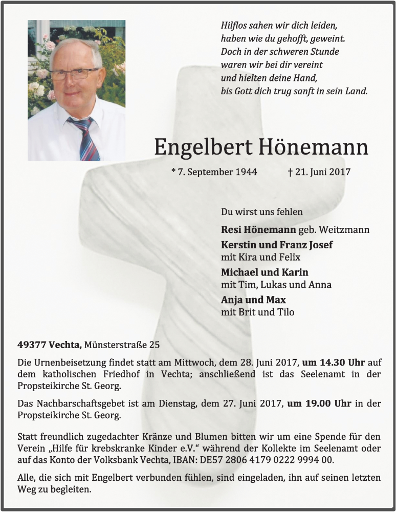  Traueranzeige für Engelbert Hönemann vom 24.06.2017 aus OM-Medien
