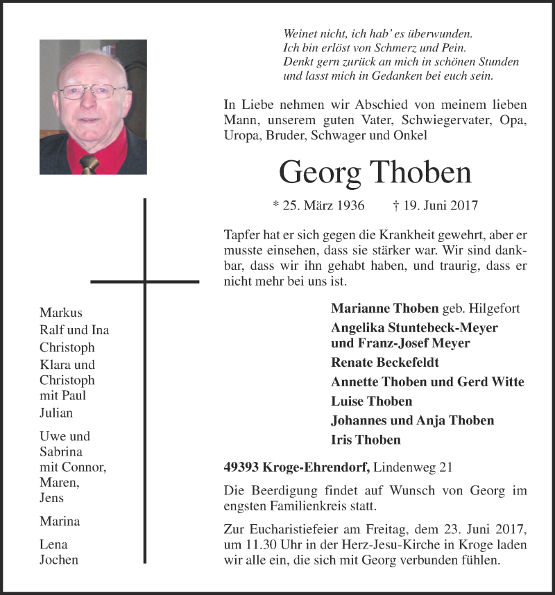 Traueranzeige für Georg Thoben vom 21.06.2017 aus OM-Medien