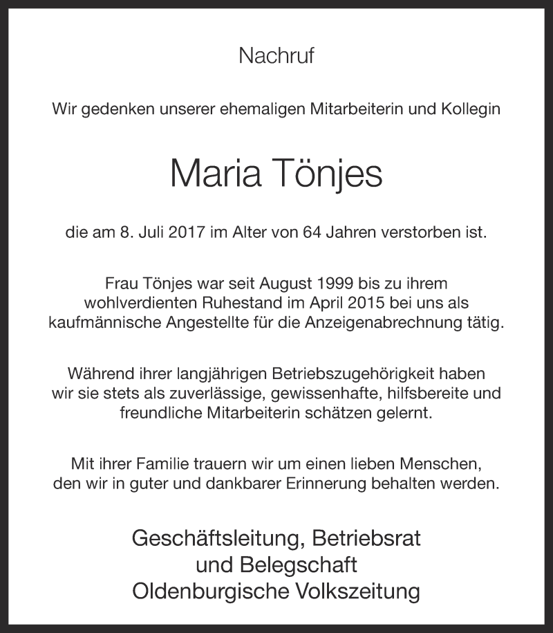  Traueranzeige für Maria Tönjes vom 11.07.2017 aus OM-Medien