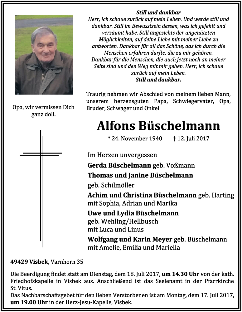  Traueranzeige für Alfons Büschelmann vom 14.07.2017 aus OM-Medien