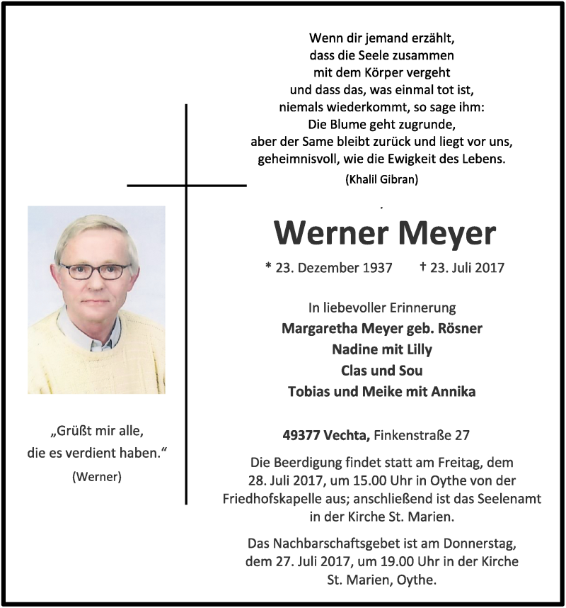  Traueranzeige für Werner Meyer vom 25.07.2017 aus OM-Medien