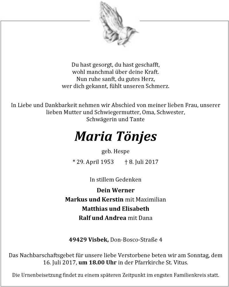  Traueranzeige für Maria Tönjes vom 10.07.2017 aus OM-Medien