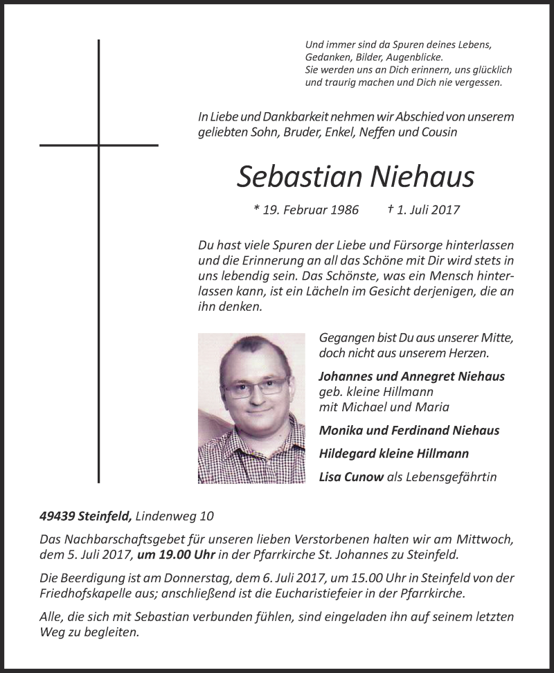  Traueranzeige für Sebastian Niehaus vom 04.07.2017 aus OM-Medien