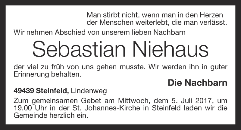  Traueranzeige für Sebastian Niehaus vom 05.07.2017 aus OM-Medien