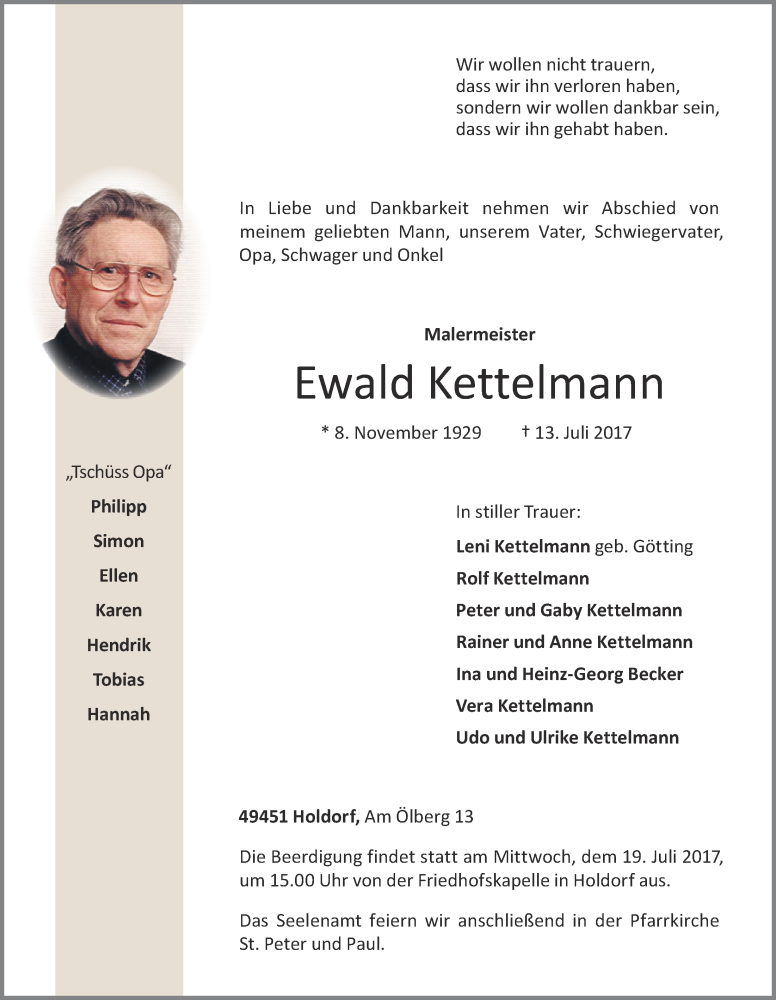  Traueranzeige für Ewald Kettelmann vom 14.07.2017 aus OM-Medien