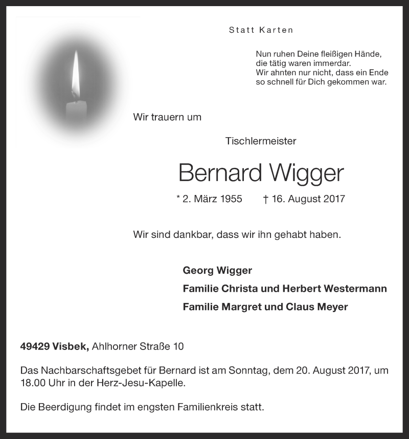  Traueranzeige für Bernard Wigger vom 18.08.2017 aus OM-Medien