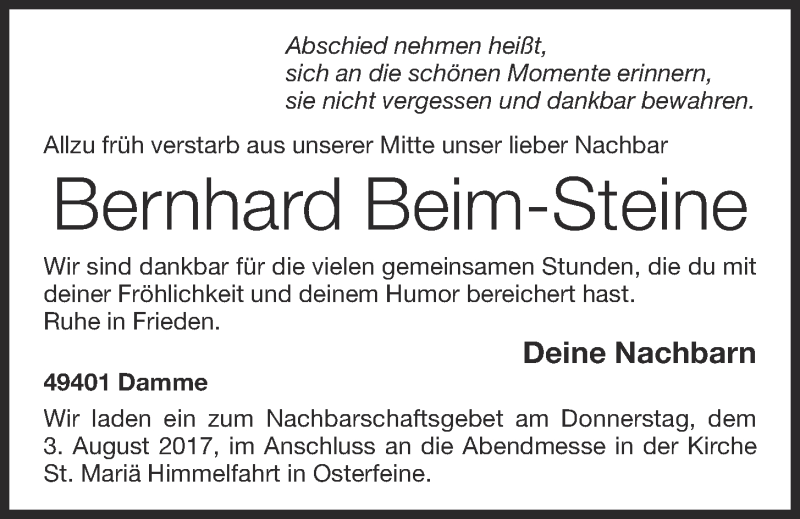  Traueranzeige für Bernhard Beim-Steine vom 02.08.2017 aus OM-Medien